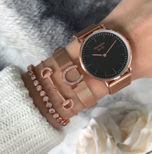 ZEGAREK HORSEGLOSS Rose Gold mesh petrie black